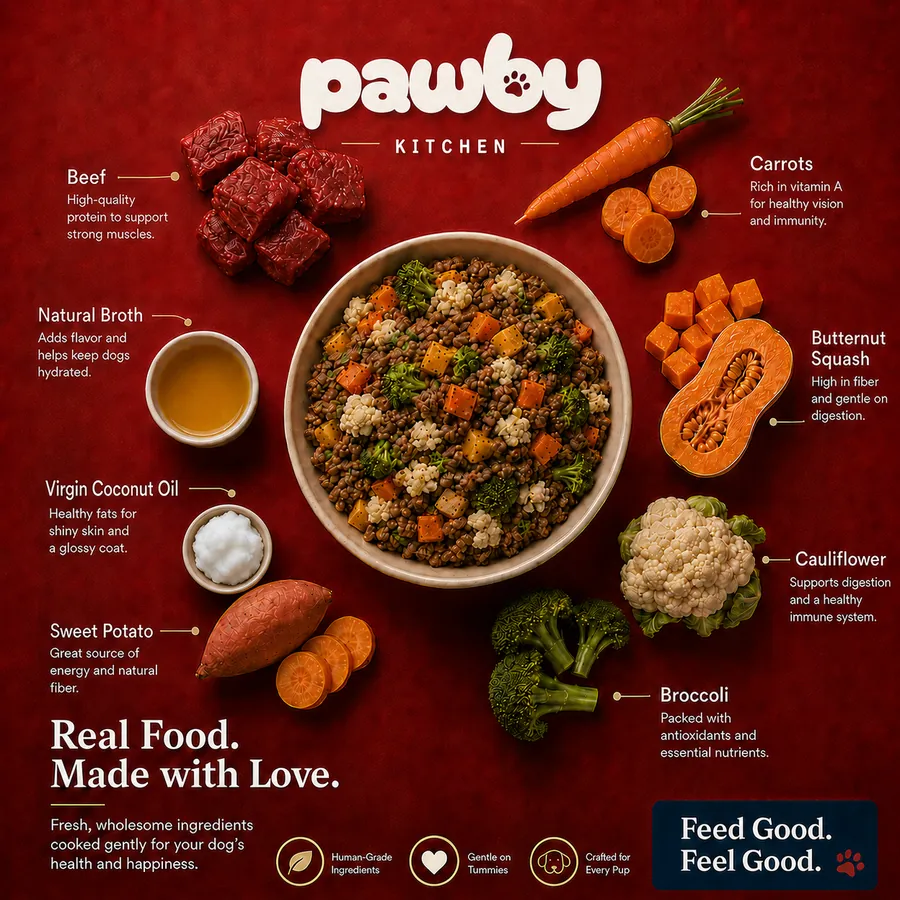 Pawby Kitchen beef recipe with vegetables and natural broth