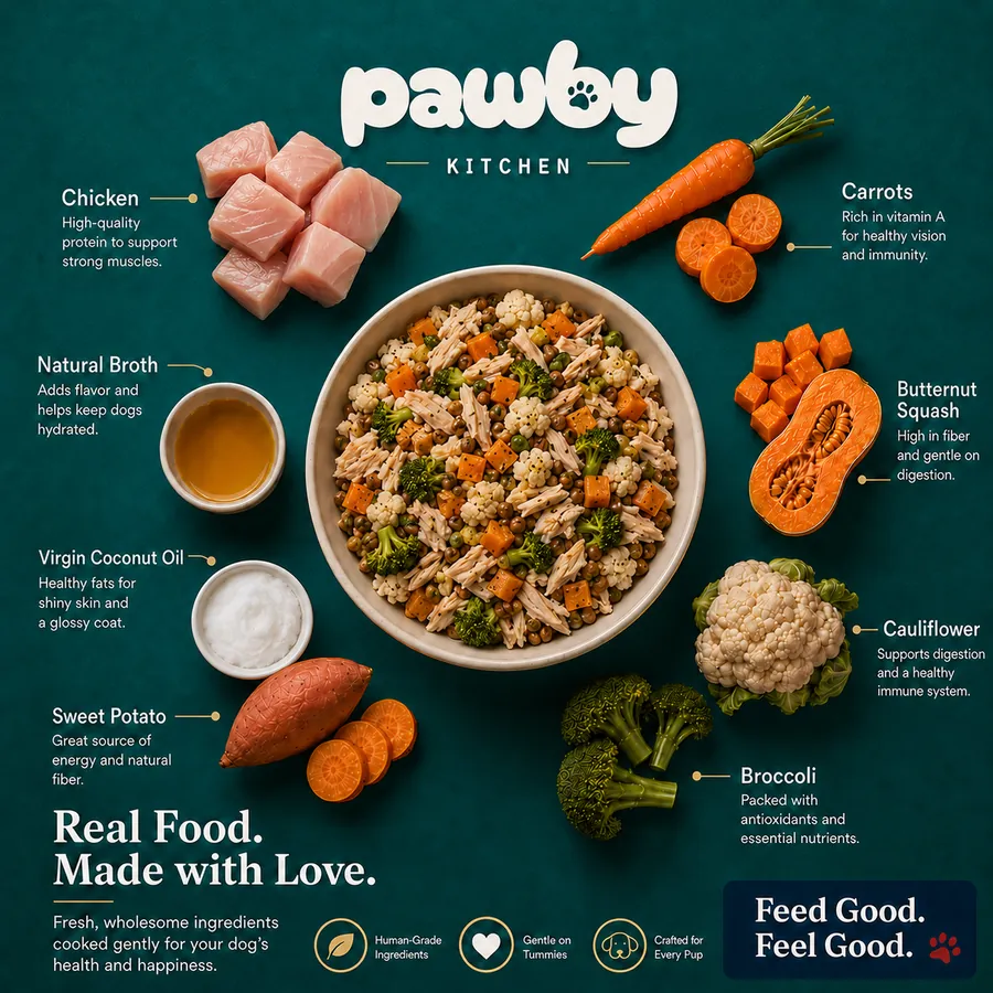 Pawby Kitchen chicken recipe with carrots, broccoli, sweet potato and natural broth