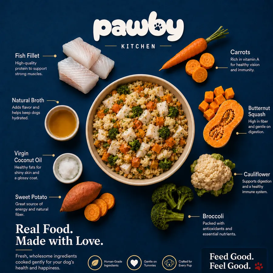 Pawby Kitchen fish fillet recipe with vegetables and natural broth