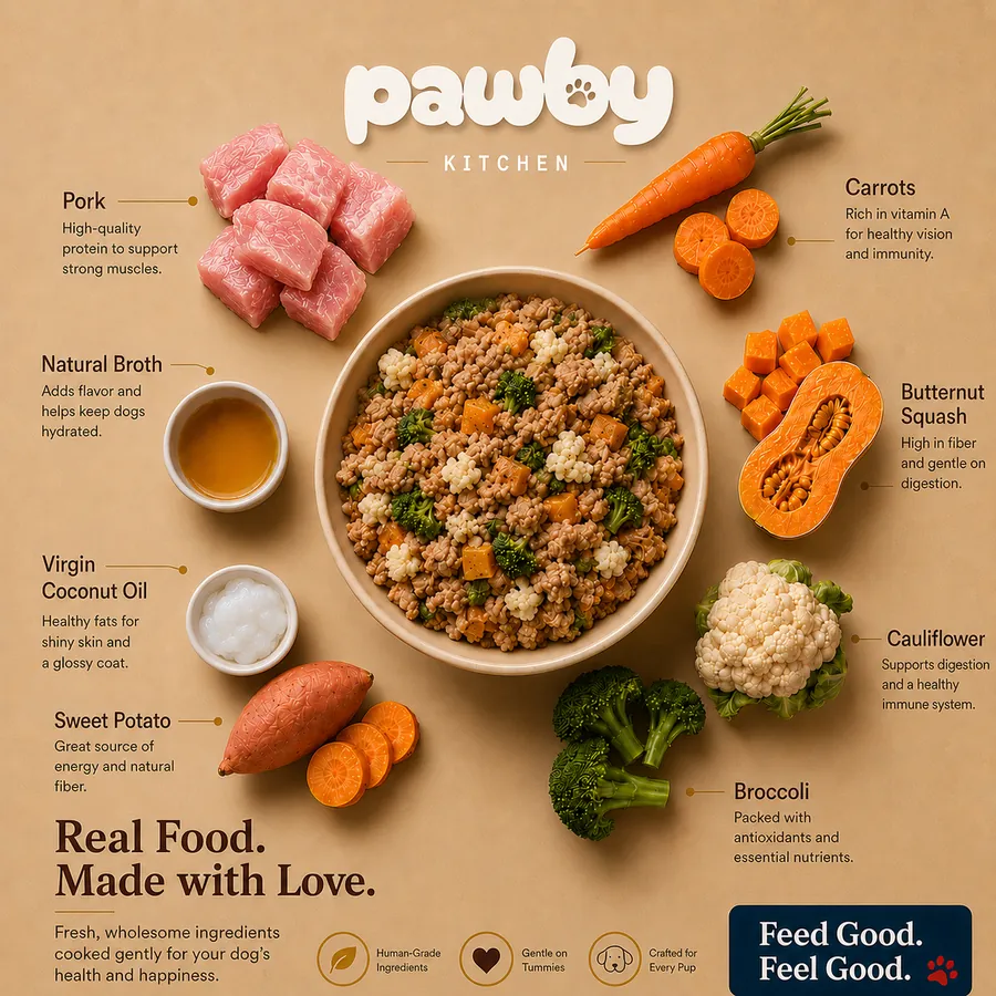 Pawby Kitchen pork recipe with vegetables and natural broth