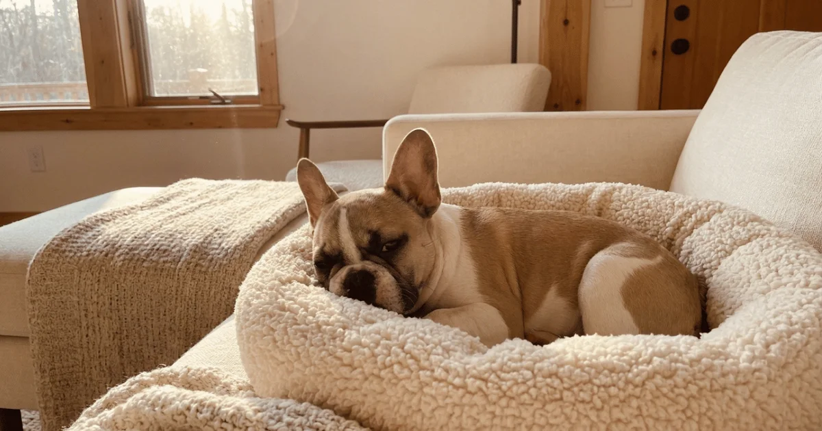 Dog resting comfortably on a bed
