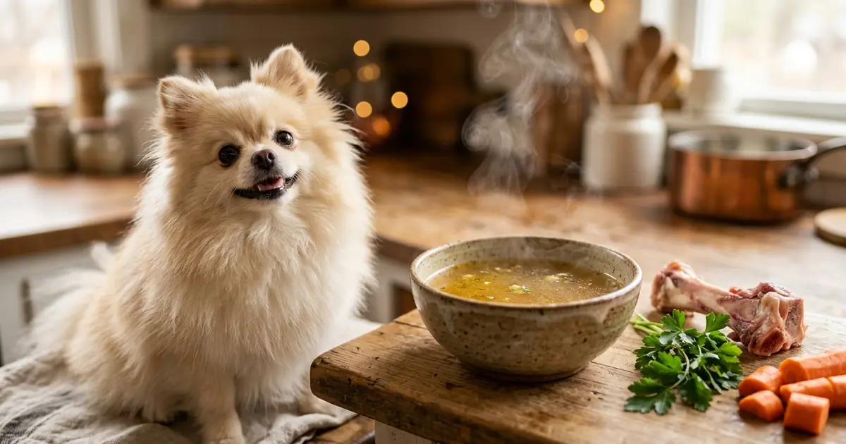 Bowl of bone broth poured over dog food