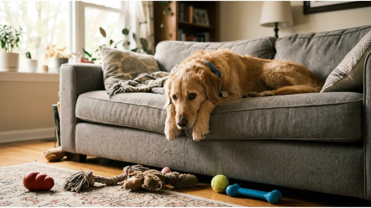 Bored dog lying with chin on floor looking flat
