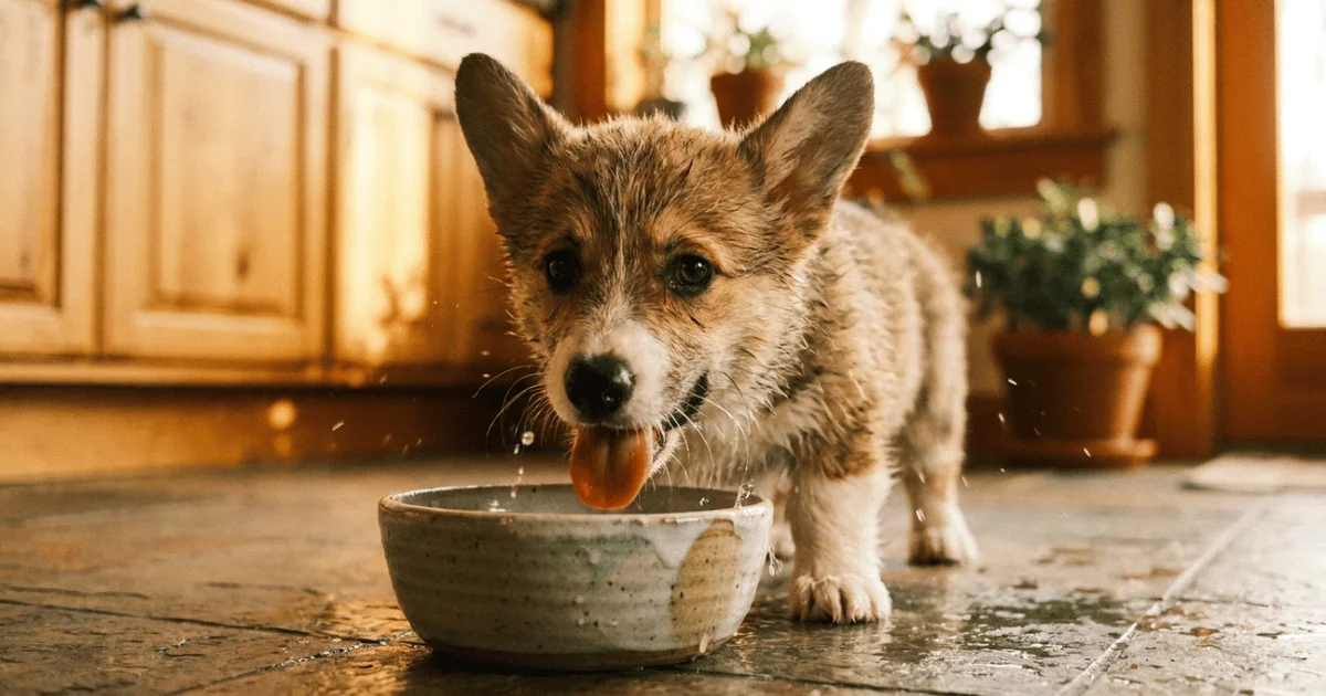 Dog drinking water from a bowl