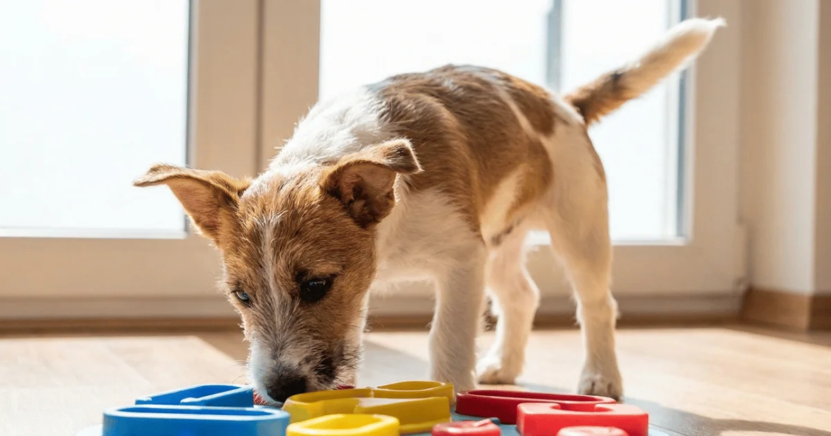 Dog playing with a puzzle feeder toy