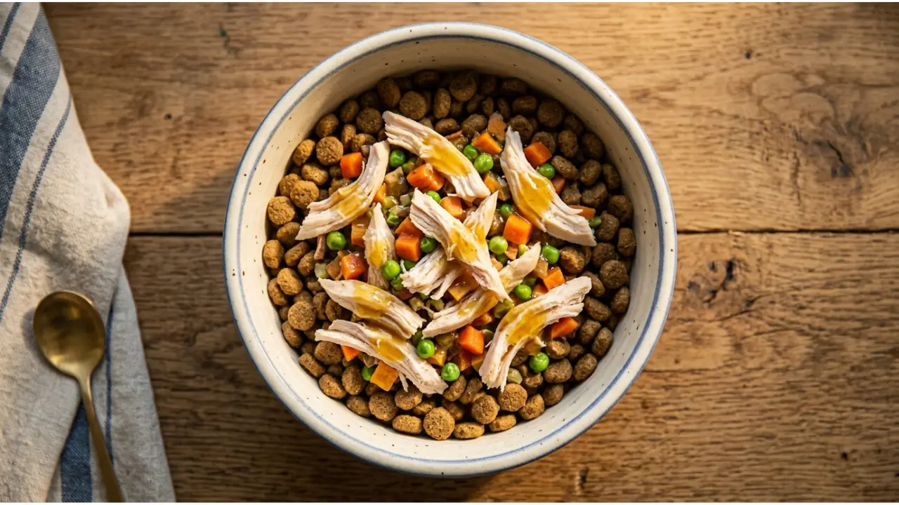 Fresh food topper added to dog bowl