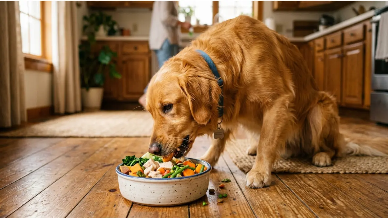 Dog eating fresh food for gut health