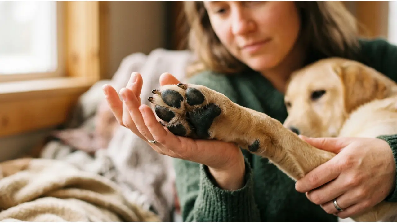 Dog paw being gently inspected and cared for