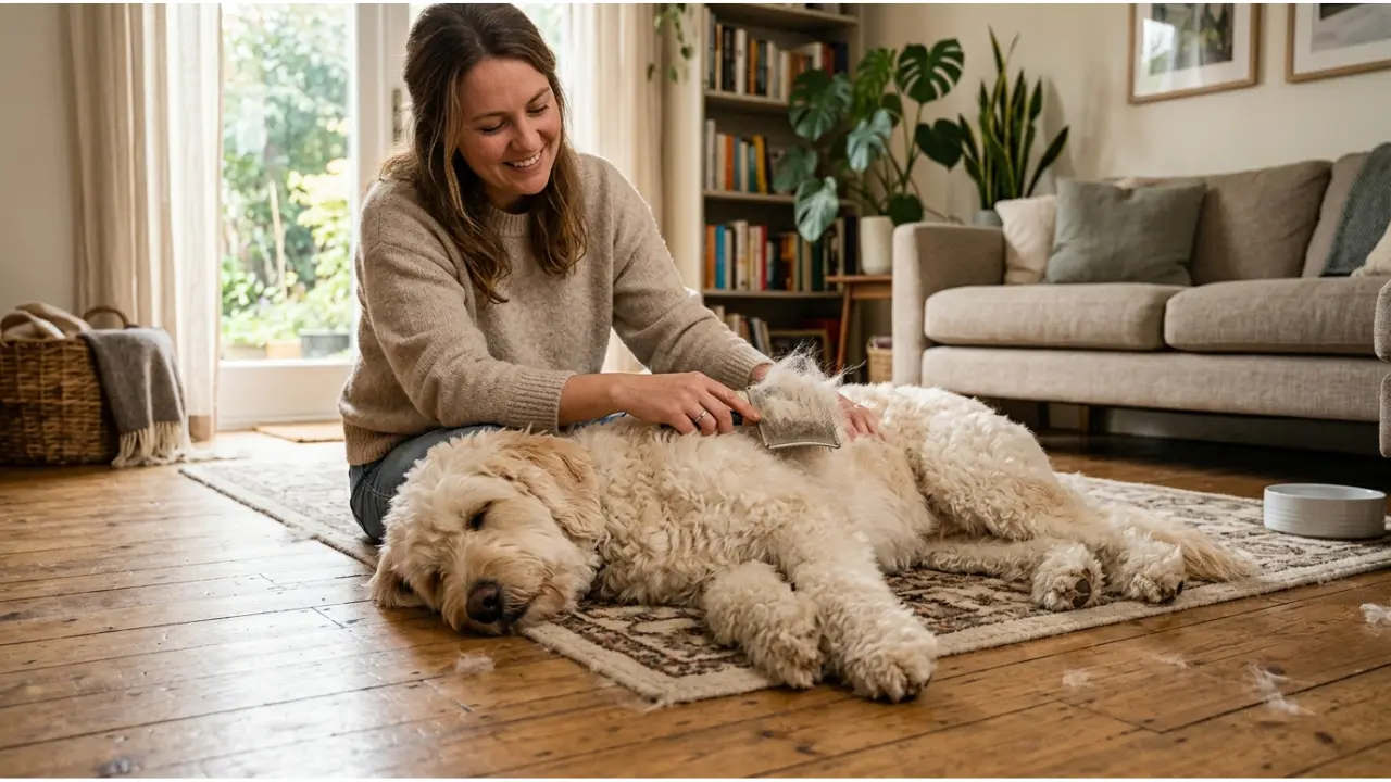 Dog being brushed to reduce shedding