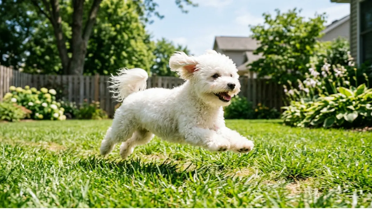 Dog running fast with zoomies in the yard