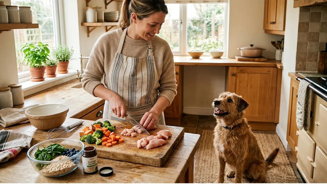 Person preparing homemade dog food in kitchen