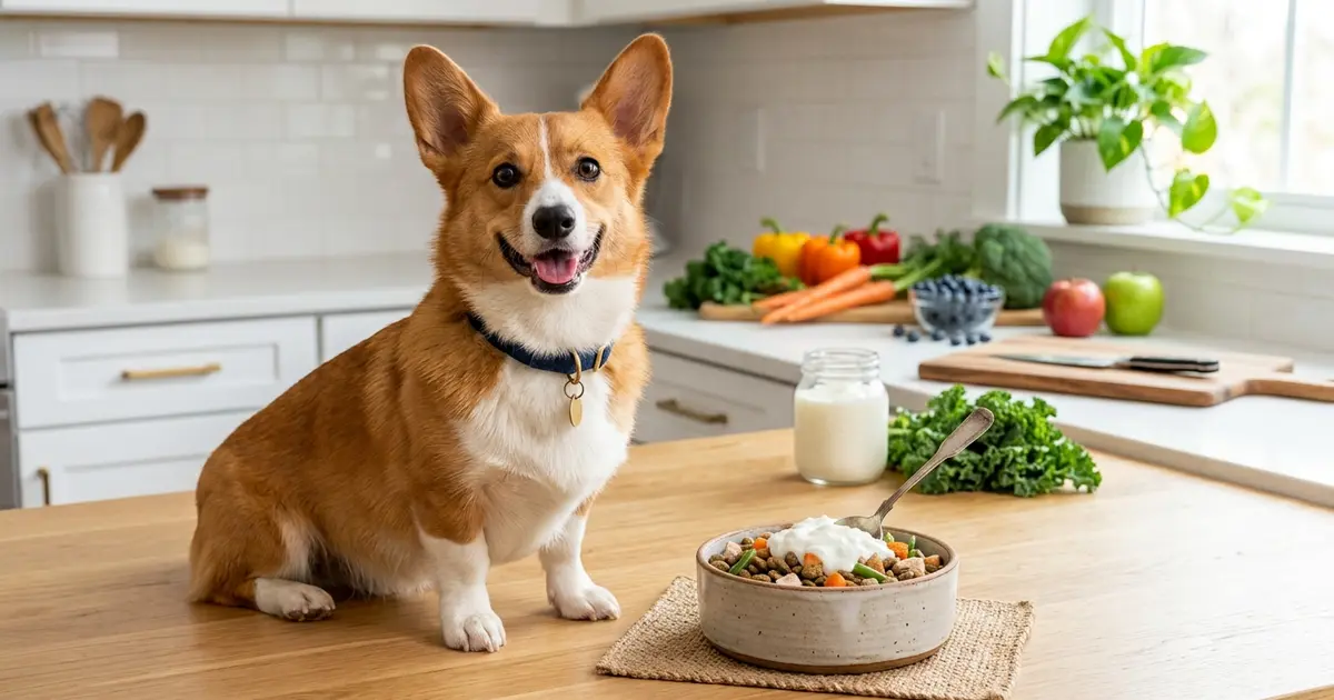 Dog with healthy gut receiving probiotic food