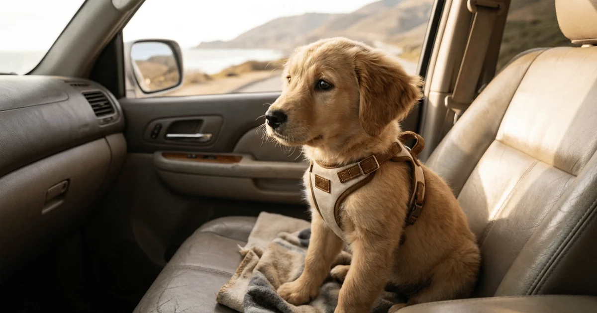 Dog secured in a car during travel