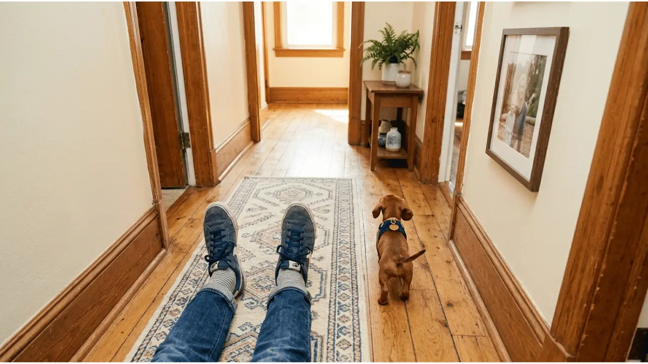 cute small dog following owner around house